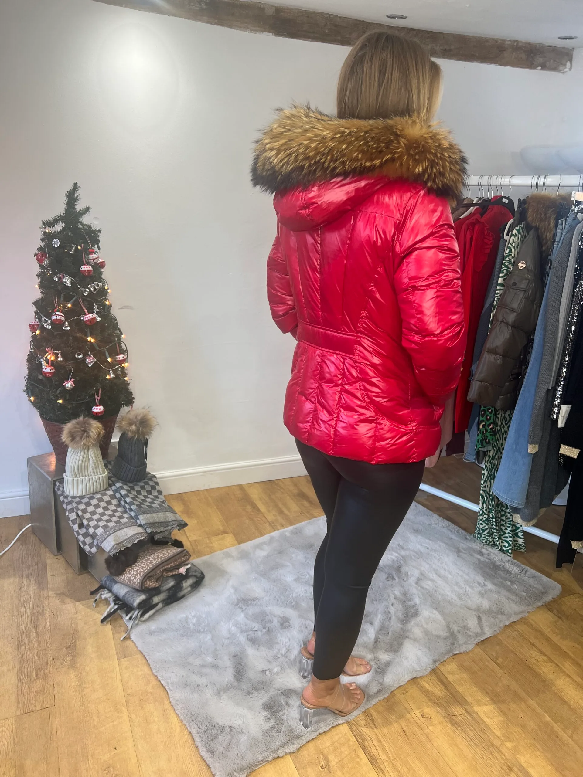 'Carol' Red Shiny Puffer Coat with Real Fur Trim - Image 7