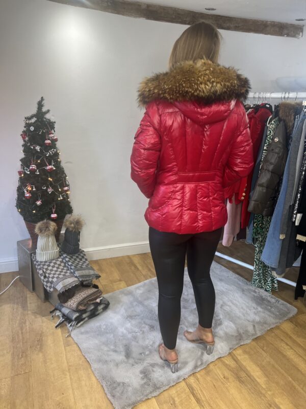 'Carol' Red Shiny Puffer Coat with Real Fur Trim - Image 6