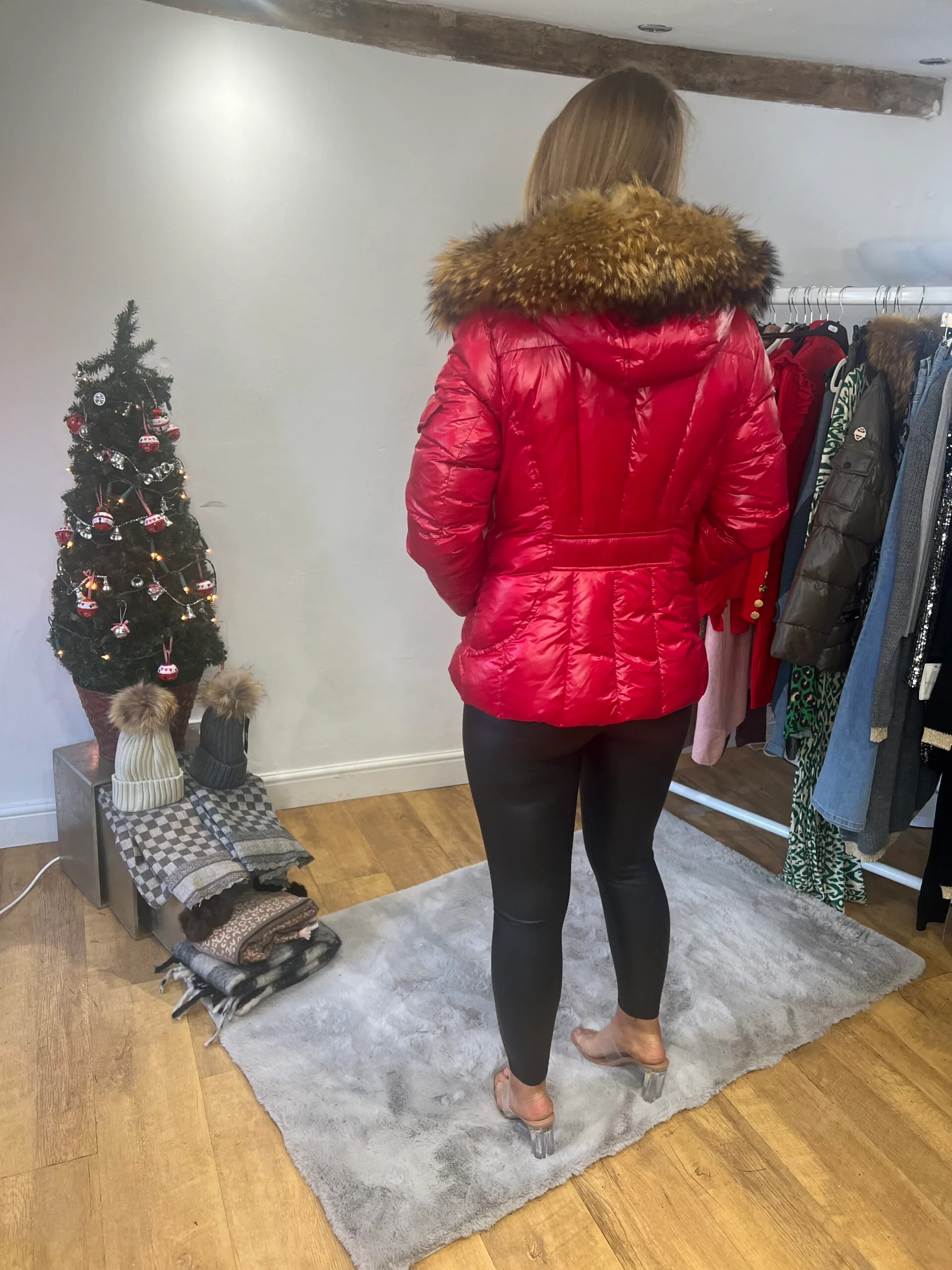 'Carol' Red Shiny Puffer Coat with Real Fur Trim - Image 6