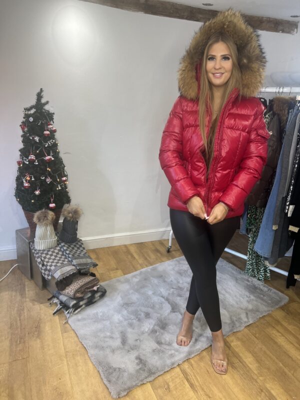 'Carol' Red Shiny Puffer Coat with Real Fur Trim - Image 5