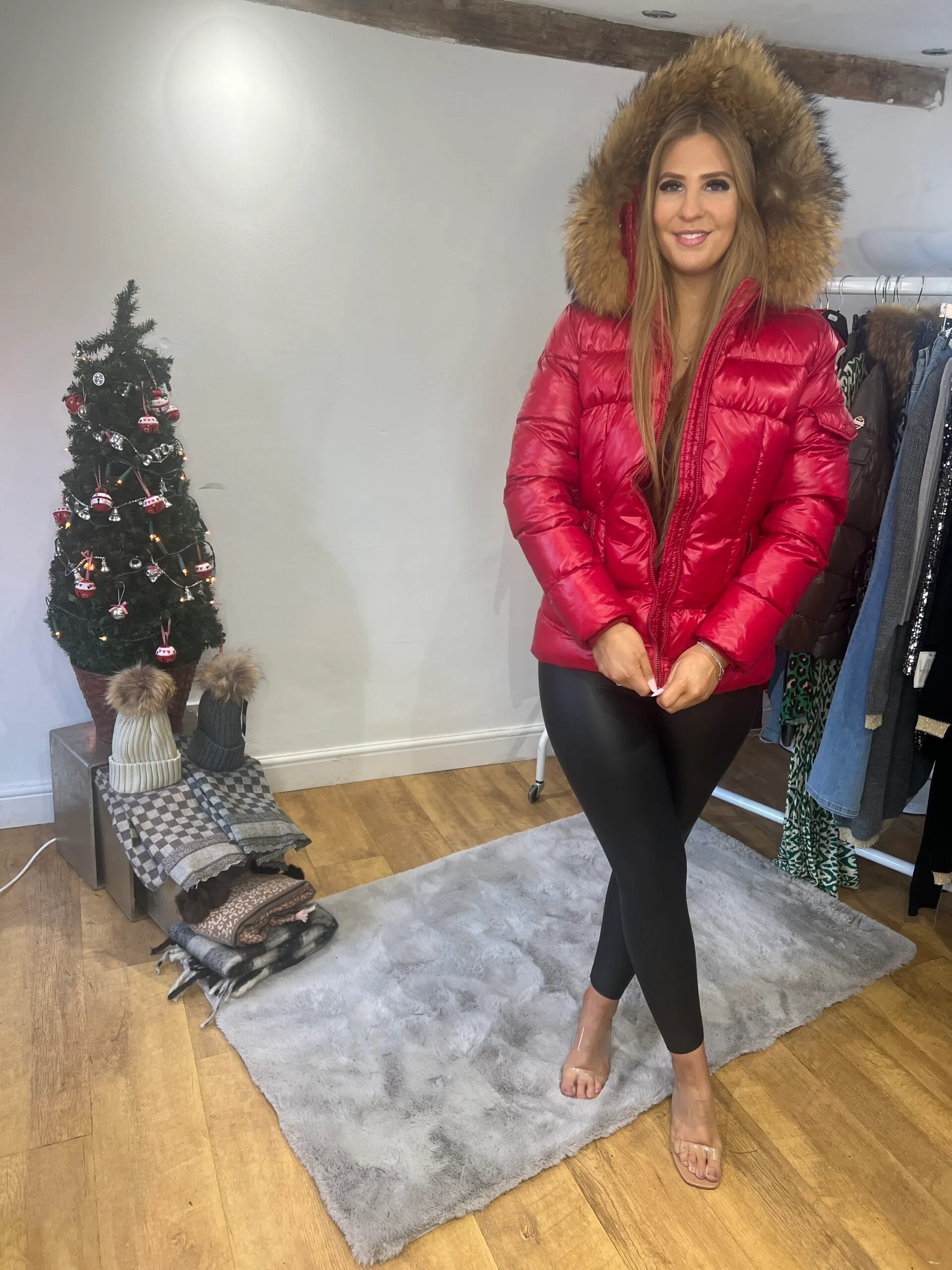 'Carol' Red Shiny Puffer Coat with Real Fur Trim - Image 5