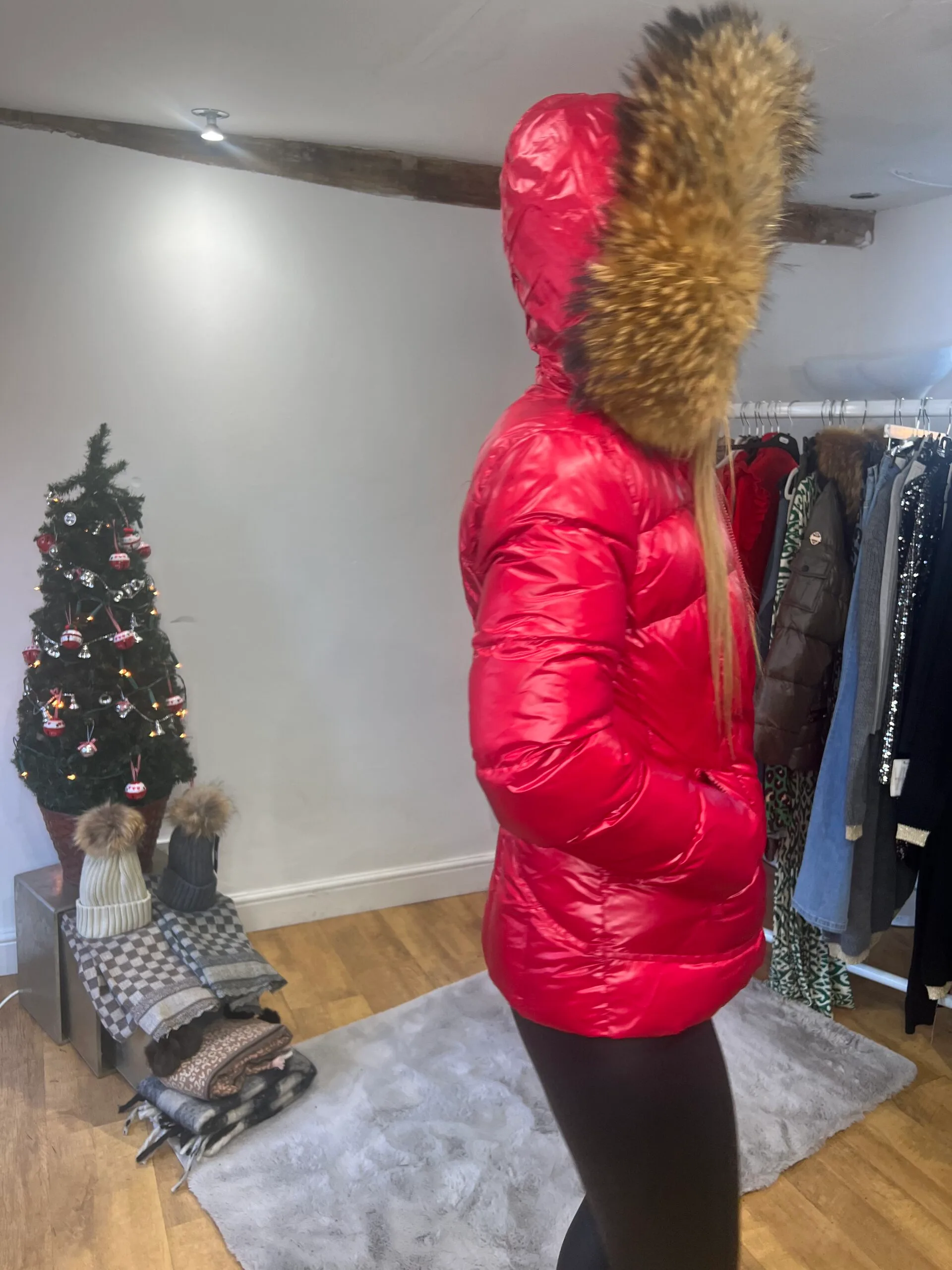 'Carol' Red Shiny Puffer Coat with Real Fur Trim - Image 4