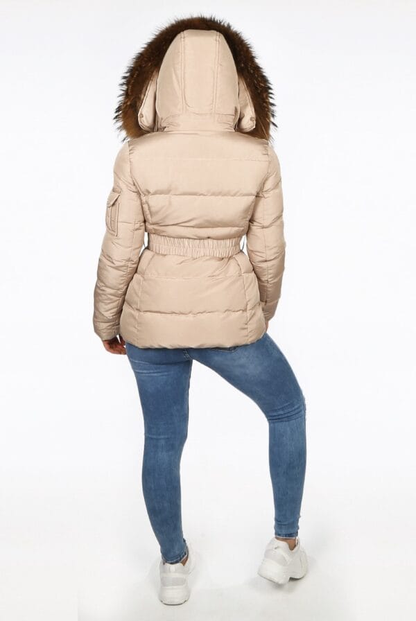 Mollie Real Fur Trim Hooded Coat with Belt Beige - Image 4