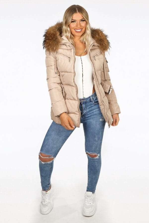 Mollie Real Fur Trim Hooded Coat with Belt Beige - Image 3