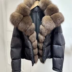 ‘Opal’ Fox Fur Collared Short Puffer Jacket