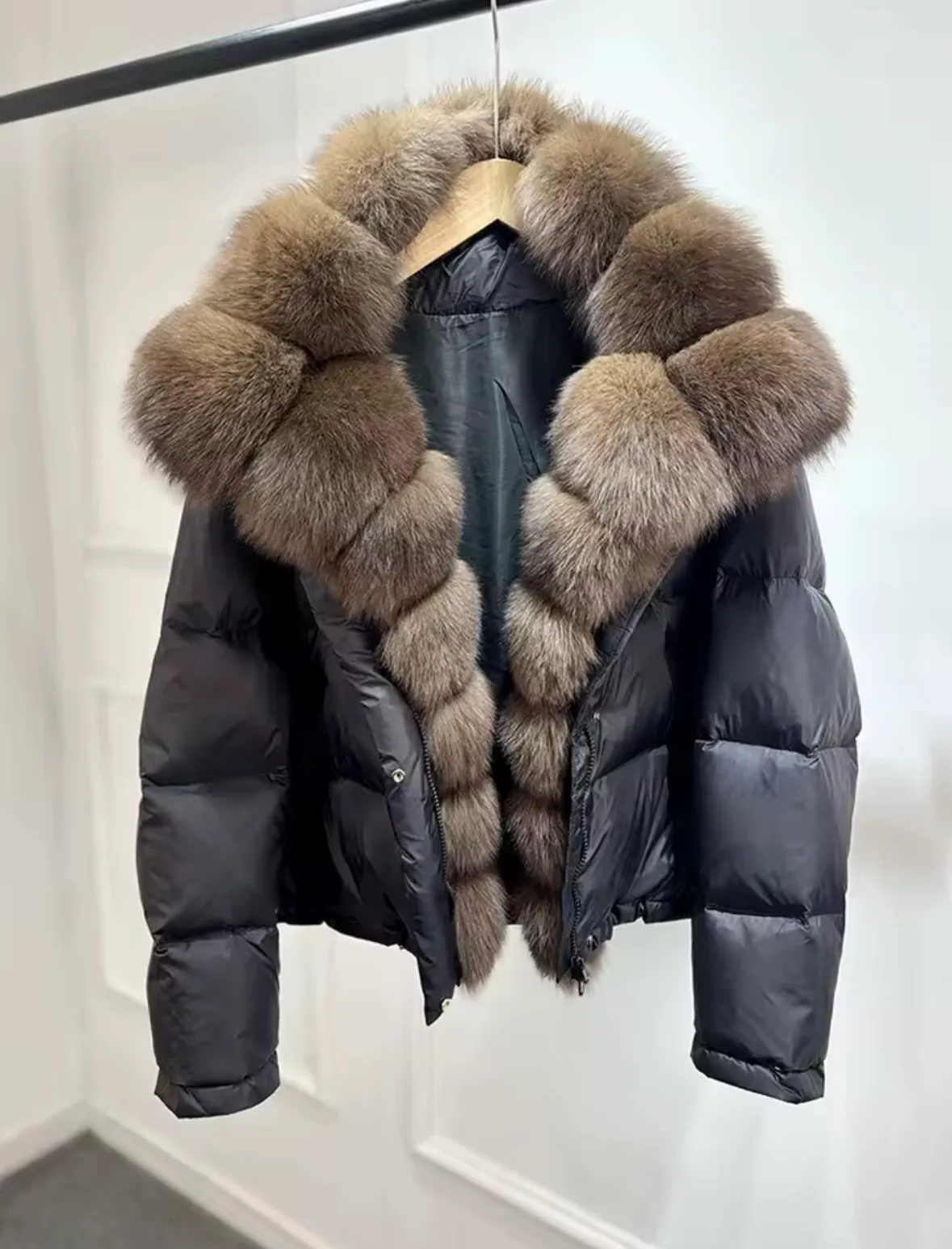 ‘Opal’ Fox Fur Collared Short Puffer Jacket