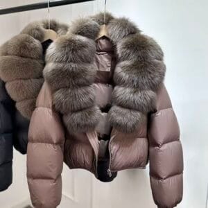 ‘Emerald’ Fox Fur Collared Short Puffer Jacket